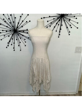 Ecote White Smocked Strapless Handkerchief Hem Dress M Boho Festival